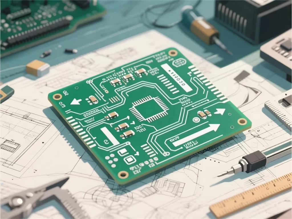 Advanced PCB silkscreen design showing component labels and logos.