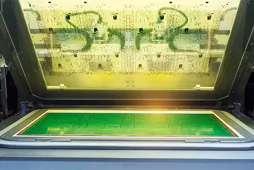 A printed circuit board inside a Liquid Photoimaging (LPI) solder mask machine.