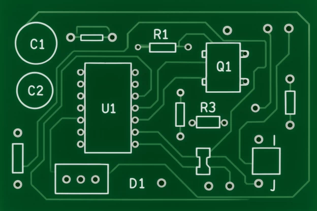 A detailed PCB view illustrating advanced silkscreen design considerations: optimal font size and style for legibility, high-contrast white-on-green printing, clear polarity markers, and strategic placement avoiding soldering areas.